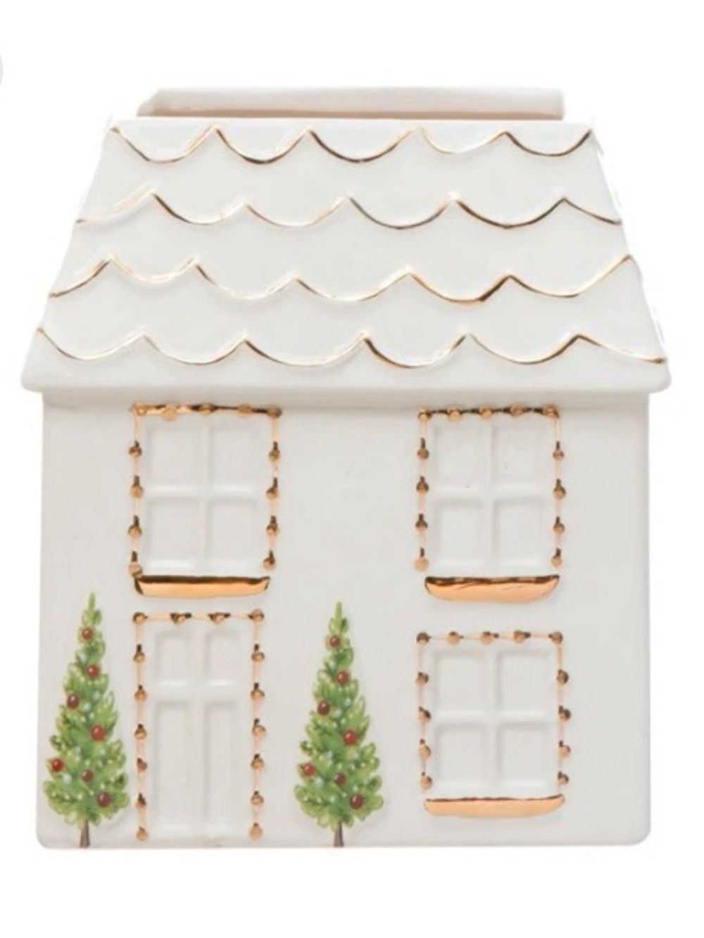 Ceramic White Holiday House with Gold Trim